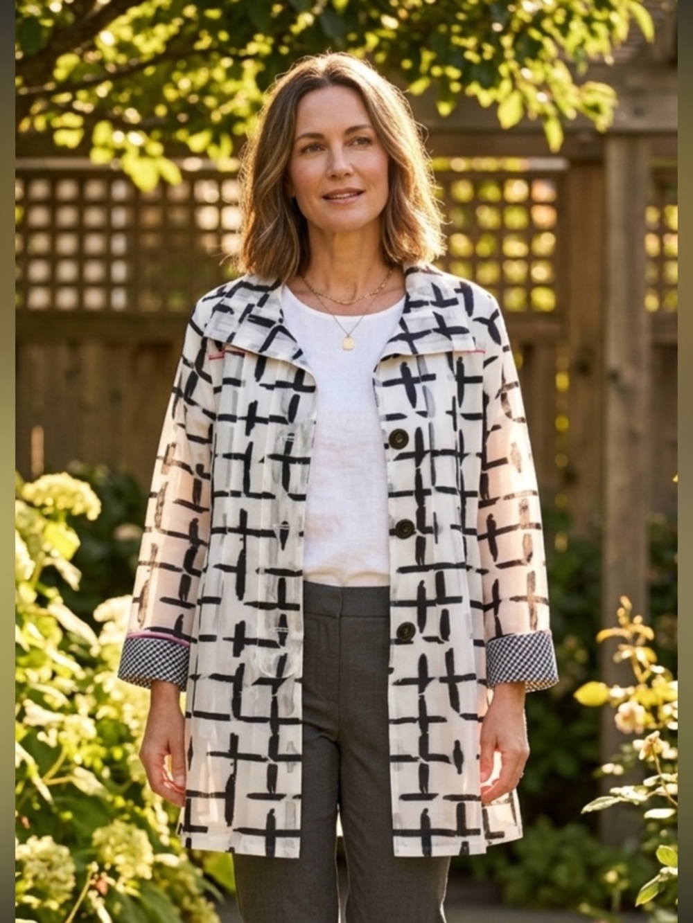 UBU Black & White Painterly Artistic Grid Print Button Jacket with Pink Trim